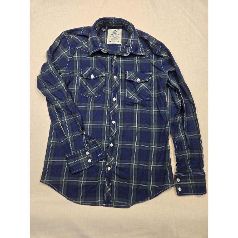 Mens Flannel Shirt‎ Small Blue Green Plaid Long Sleeve Western Style
